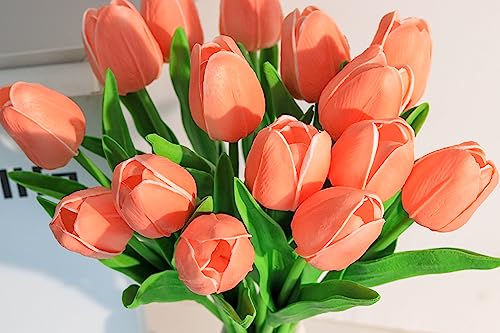 SITUMEIZI Fake Tulips Artificial Flowers Real Touch Champagne 14" 15 Pcs PU Flower for Home Decor Spring Easter Wedding Bouquet Decorations Floral Arrangements - color: Champagne