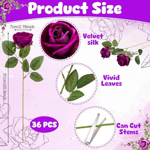 36 Pcs Dark Purple Velvet Artificial Flowers, Realistic Fake Roses Bulk for Wedding Arch, Bouquet Making, Centerpieces - color: Purple