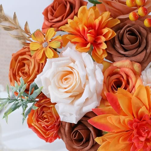 Floweroyal Artificial Flowers Fake Rose Flowers Dahlia with Stems for DIY Wedding Bridal Bouquets, Baby Shower, Floral Arrangement, Table Centerpieces, Home Decorations - color: Orange Fall Sundown
