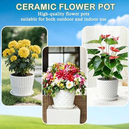 sietpoek Plant Pots - 5.5 Inch Cylinder Ceramic Planters with Connected Saucer, Pots for Succuelnt and Little Snake Plants, Set of 4, White - size: 5.5 Inch