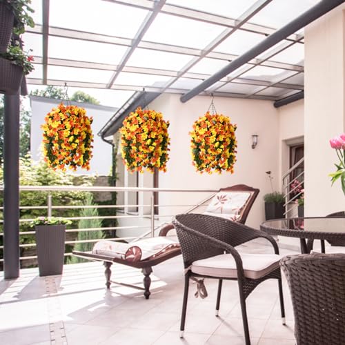 INQCMY Artificial Hanging Flowers Basket for Spring Summer Outdoor Decor,Faux Silk Begonia in Planter Look Real UV Resistant for Porch Home Patio Garden Yard Decoration - color: Orange Yellow
