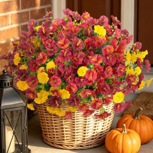 ADXORA 12 PCS Fake Fall Morning Glory Mums Artificial Flowers for Outdoors | UV Resistant Plastic Plants Artificial Greenery for Indoor Outdoor Garden Patio Window Box Home Decor - color: Yellow Brown Grayish-red