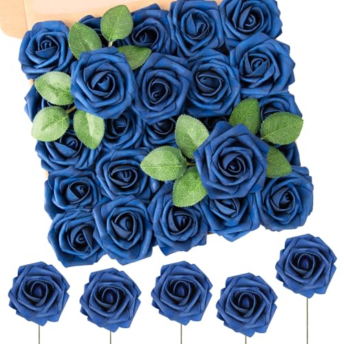 N&T NIETING Artificial Flowers Navy Blue Roses 50Pcs Fake Flowers Foam Roses with Stems for DIY Wedding Bridesmaid Bridal Bouquets Centerpieces Party Home Decoration Baby Shower - color: Navyblue, size: 50pcs