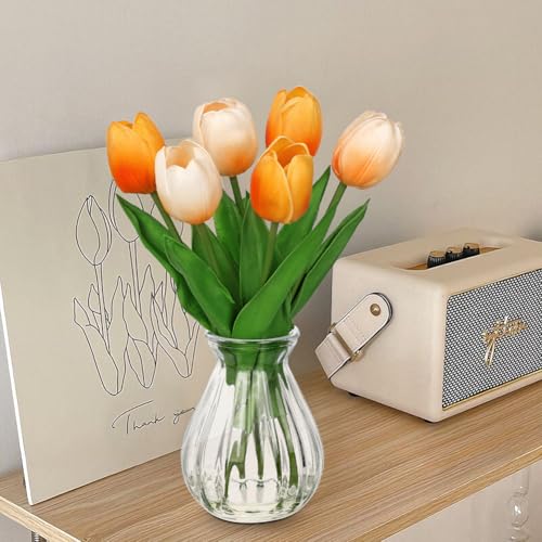 Faux Tulips Flowers Floral Arrangement - 6 Pcs Artificial Flowers with Clear Glass Vase with Faux Water 12.5" Orange & Cream Ombre Fake Tulip Bouquet Centerpiece for Dining Table Home Desk Decor - color: Orange & Cream Ombre