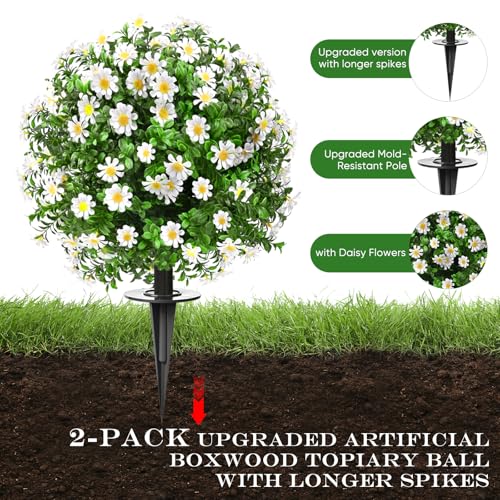 FAJUNZH Artificial Topiary Bushes for Outdoors with Spike, Boxwood Ball Fake Shrubs UV Resistant Faux Plants for Indoor Outdoor Fall Thanksgiving Halloween Decor (Sunflower Boxwood White -2 Packs) - color: Sunflower Boxwood White