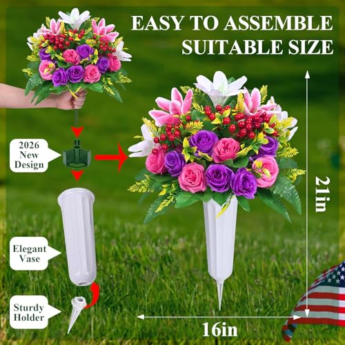 Dolicer 2 Sets Artificial Cemetery Flowers for Grave, Realistic Grave Flowers Memorial Flower UV Resistant Silk Rose Lily Flower with Vase for Cemetery Decorations (Colorful) - color: Purple, Pink, size: Flowers in Vase