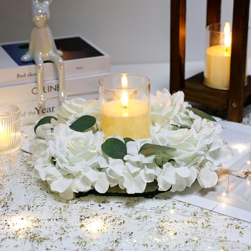 Artificial Flower Candle Rings - 6 Inch Inner Rose Floral Wreaths for Wedding Bridal Event Table Centerpieces Backdrop Decorations (White, 6 X Candle Rings) - color: White, size: 6 X Floral Wreaths