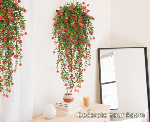 RECUTMS Artificial Hanging Plants Fake Hanging Vine Flowers Fake Plants Faux Hanging Plants Outdoor Faux Eucalyptus Leaf Greenery Wall Indoor Room Wall Wedding Patio Porch Decor(Red) - color: Red, size: Hanging Plants