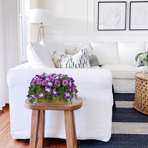 Briful Fake Floral Centerpieces for Tables Artificial Potted Morning Glory Silk Flowers with Woven Rattan Basket Faux Flower Arrangement for Home Office Room Shelf Kitchen Decor(Lavender Purple) - color: Lavender Purple