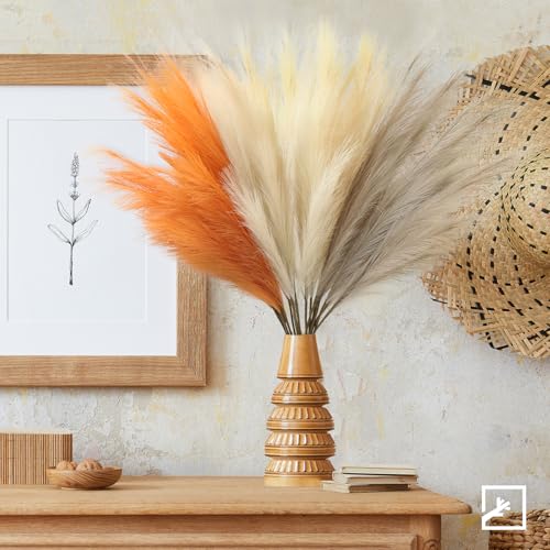 ZIFTY Pampas Grass 6-Pcs 38"/3.1FT Faux Pampas Grass Large Tall Fluffy Artificial Fake Flower Bulrush Reed Grass for Vase Filler Farmhouse Home Wedding Decor (Orange & Beige) - color: Orange & Beige & Taupe, size: 38in 6pcs