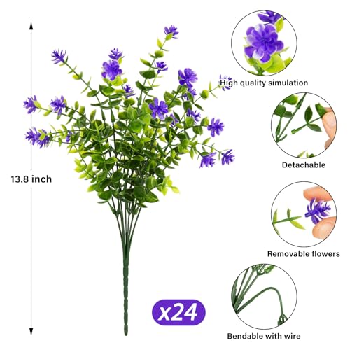 Ouddy Decor 24 Bundles Artificial Flowers for Outdoors Decoration Fake Flowers UV Resistant Faux Plastic Greenery Eucalyptus Plants for Spring Summer Garden Patio Indoor Outdoor Home Decor, Purple - color: Purple