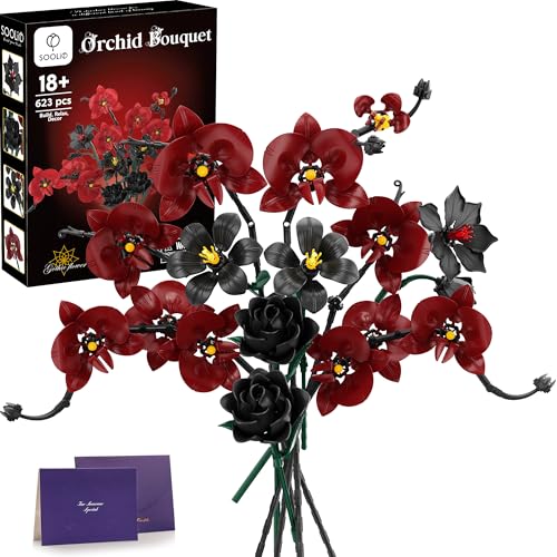 Orchid Rose Flower Bouquet Building Set for Adults, Gifts for Mom Wife Women Couple Girlfriend Teen, Artificial Floral Botanical Collection Gothic Decor for Home or Office (623 PCS) - color: Black and Red