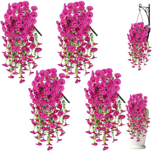 Artificial Hanging Flowers for Outdoors, 4Pcs UV Resistant Artificial Hanging Morning Glory Flowers, Spring Realistic Faux Outdoor Flower for Porch Patio Yard Garden Farmhouse Decor (Fuchsia) - color: Fuchsia