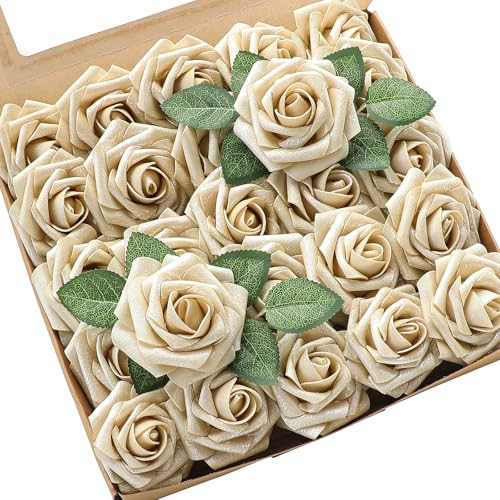 Floroom Artificial Flowers 25pcs Real Looking Champagne Gold Foam Fake Roses with Stems for DIY Wedding Bouquets Bridal Shower Centerpieces Floral Arrangements Party Tables Home Decorations - color: Champagne Gold Rose, size: 25Pcs