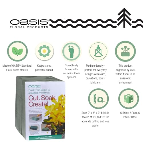 Oasis® Floral Foam MaxLife – Standard Size Floral Foam Bricks, Pack of 6 – Professional Hydration & Secure Stem Support for Fresh Flower Arrangements