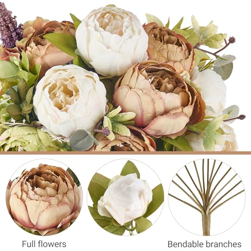 Mkono Peonies Artificial Flowers, 2 Packs 13 Stems Faux Peony Flowers Real Touch Fake Silk Bouquet for Arrangements Dining Table Centerpieces for Kitchen Bridal Wedding Party (2, Mixed White) - color: Mixed White