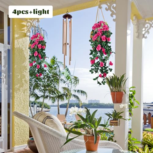 RECUTMS 2pcs Artificial Hanging Plants 32 in Fake Plant Ivy Vine Outdoor UV Resistant Plastic (Rose red) - color: Rose Red, size: 2 pcs light