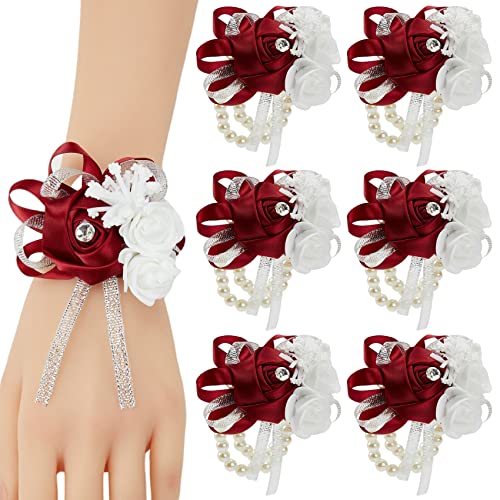 6pcs Burgundy Wedding Corsages Faux Silk Wine Red Rose for Women | for Wedding, Prom, Homecoming, and Evening Party, Wrist Corsages with Pearls for Brides, Bridesmaids, Mother of the Bride - color: 6pcs Wine Red Wrist Corsages