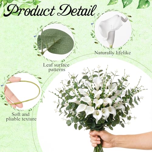 Suncalla 24 Pcs Artificial Calla Lily Flowers Bulk with Faux Eucalyptus Leaves Greenery Stems Jasmine White Calla Lilies Tulips Leaves Branches for DIY Bouquets Floral Arrangement Home Decor