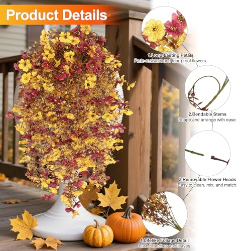 Fall Decor Artificial Flowers for Outdoor Decoration, 4Pcs Fake Hanging Flowers Mums Silk UV & Fading Resistant, Artificial Faux Plants for Home Patio Yard Garden Farmhouse Halloween - color: Yellow and Brown