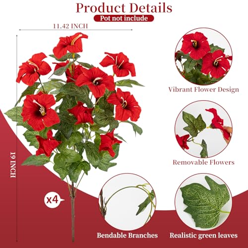 19 Inch Artificial Fake Flowers for Outdoor,4 Pcs Red Faux Silk Petunias Spring Flowers for Outside for Indoor Porch Planter Front Door Garden Patio Window Box Home Decor - color: Red