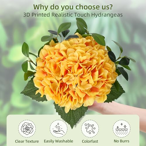 Hydrangea Artificial Flowers in Vase, Silk Faux Hydrangea Arrangements with Glass Vase and Faux Water for Home Decor Wedding Bouquets Table Centerpieces, Yellow, Set of 7 - color: Hydrangea Stems With Faux Water, size: Yellow