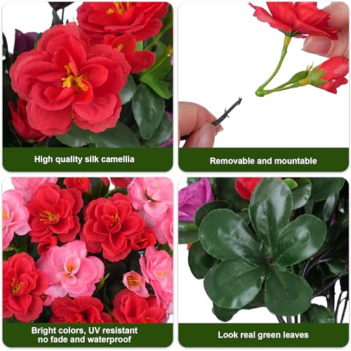 Artificial Fake Outdoor Flowers Plants, Faux Silk Camellia Bundles UV Resistant No Fade Realistic for Planter Pot, Outside Porch Patio Balcony Garden Yard Home Decoration, 3 Large Bundles(Melon Red) - color: Melon Red+red