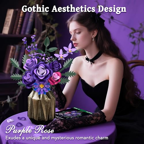 Purple Roses Flower Bouquet Building Sets, 834PCS Artificial Flowers Botanical Collection Compatible with Lego Flowers for Adults Gothic Decor, Valentines Day Gifts for Women Her Wife Girlfriend Mom