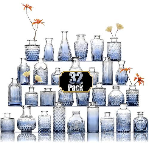 Arme Bud Vases Set of 32, Blue Vase for Centerpieces, Clear Bud Vase in Bulk, Mini Flower Vintage Cute Vases for Centerpieces, Small Glass Vases for Wedding Decor, Home Table Flower Décor - color: Blue-32pcs, size: 32 Pcs