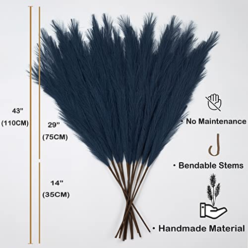 Faux Pampas Grass 6 Stems, Artificial Pampas Grass - 43 inch Total Extra Large Pompass Grass Tall Pompous Boho Flower Arrangement and Floor Vase Filler Home Decor for Room Wedding Party (Blue) - color: Blue