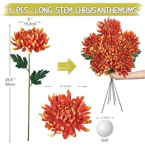 Briful 6 Pcs Deep Orange Artificial Mums for Outdoors Fall – 25.6’’ Long Stem Faux Chrysanthemums, Large 6’’ Silk Fall Flowers for Wedding Bouquets, Centerpieces, Porch Décor, Indoor Home Decoration - color: Deep Orange