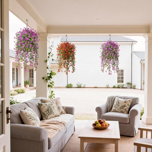 ZFProcess Artificial Hanging Flowers for Outdoors, 2 Pcs Fake Hanging Plant Spring Summer Decor, UV Resistant No Fade Realistic Faux Flower for Front Door Porch Planter Patio Garden Yard(Purple) - color: Purple