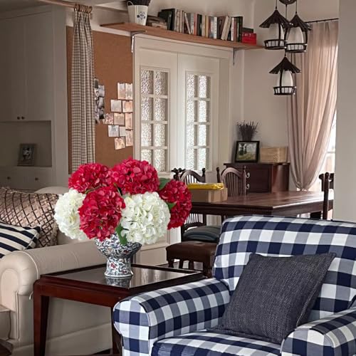 ZYTUYO 5 Pcs Red Silk Hydrangeas Artificial Flower Boho Dried Touch 20'' Faux Hydrangeas for Fall Home Decor Kitchen Living Room Porch Wreath Xmas Wedding Flower Arrangement - color: Red