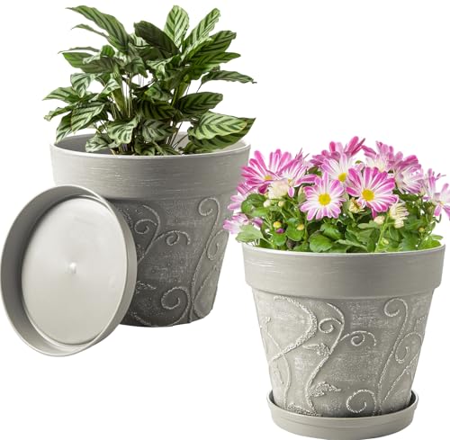 Melphoe Plant Pots Indoor with Drainage & Saucer, 2Pack 10 inch Flower Pots Outdoor Planters for Indoor Plants Garden Home Decor Cactus Succulent, Rigid Plastic (Imitation-Terracotta) Vine-Embossed - color: Cement Grey Color, size: 10''