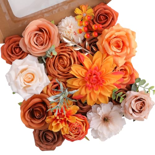 Garisey Artificial Flowers Combo, Mix Silk Flowers Roses, Peonies, Dahlias with Stems for DIY Wedding Bridal Bouquet, Baby Shower, Table Centerpieces, Home Decor, Floral Arrangements-Burnt Orange - color: Burnt Orange