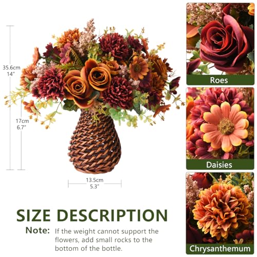 Artificial Faux Flowers in Vase, Fake Silk Floral Arrangements Rose Bouquets with Handmade Rattan Vase, Farmhouse Table Decorations Centerpieces for Dinning Room Kitchen Office Desktop (Brown) - color: Brown