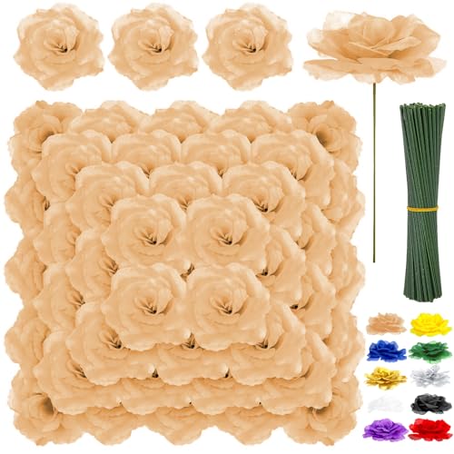 LELEE Rose Head Flowers with Stem - 108pcs Nude & Brown Faux Rose Artificial Flowers Bulk - Silk Rose Tan Flower for Wedding Bouquet Party Home Decor DIY Baby Shower Centerpieces Tables Decoration - color: Nude