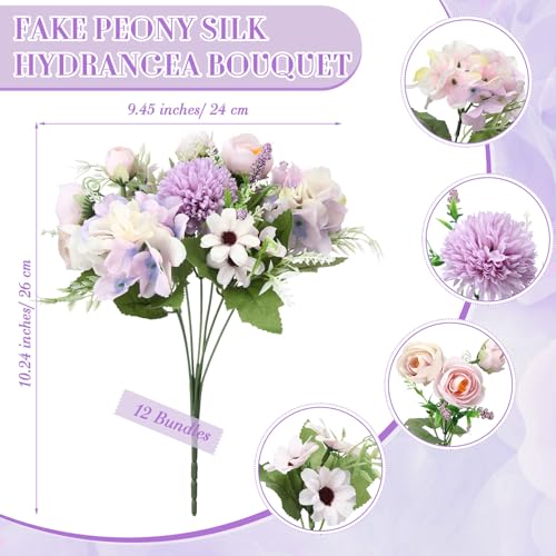Tigeen Peonies Artificial Flowers Faux Roses Silk Flowers Hydrangea Artificial Bouquet for Wedding Table Centerpiece Floral Vase Home Office Bridal Decor(Purple,12 Bundles) - color: Purple