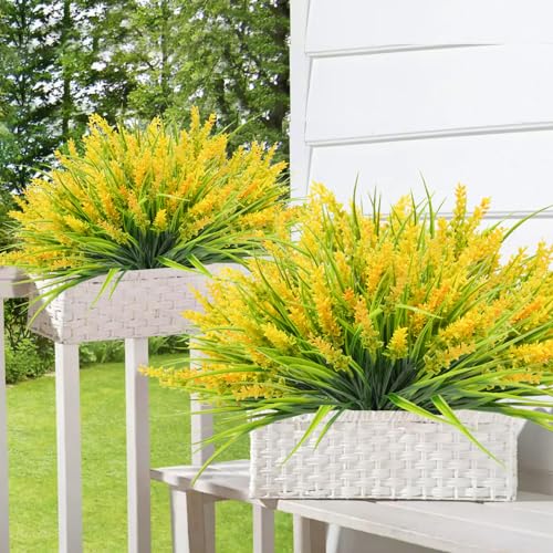 40 Bundles Artificial Plants Outdoor Fake Monkey Grass with Lavender Flowers Plastic UV Resistant Greenery Shrubs for Window Box Porch Garden Patio Outdoor Decor(Yellow) - color: Yellow