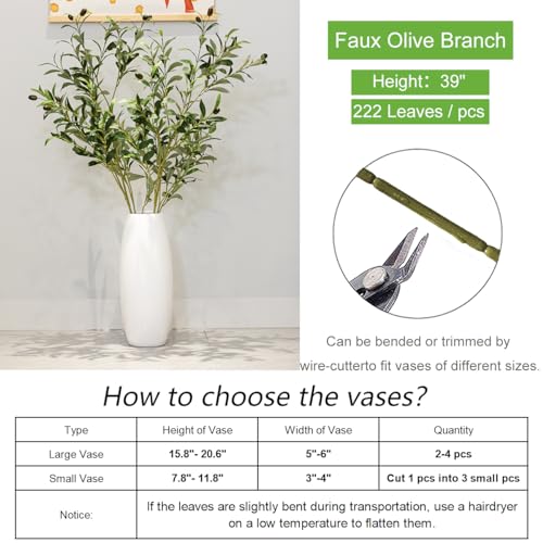 Heleze 39 Inch Artificial Olive Branch Greenery Stems Fake Plants with 222 Leaves for Vase Faux Olive Branches Home Decor Indoor 2PCS