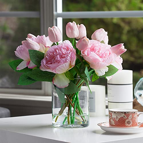 ENOVA FLORAL Artificial Flower Arrangement with Vase, Faux Flower in Vase, Mixed Artificial Real Touch Tulip and Fake Silk Peony Flower in Vase for Decoration Home Office Centerpiece (Pink) - color: T& Peony Pink