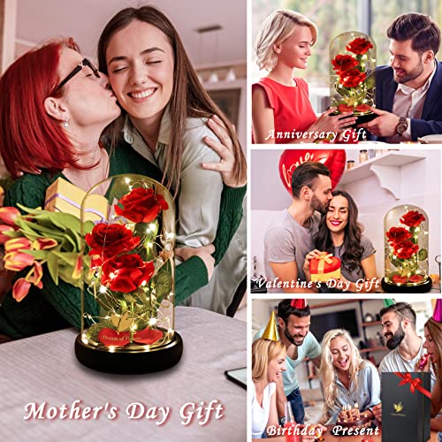 Dream of Flowers Gifts for Mom Mothers Day Birthday Gifts for Women,Beauty and The Beast Rose in Glass Dome,Anniversary Rose Gifts for Wife,Romantic Red Silk Rose Flower Gifts for Women - color: Classic Red
