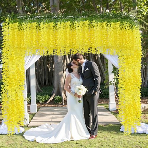 U'Artlines 24 Pack (Total 86.4 Feet) Artificial Fake Wisteria Vine Rattan Hanging Garland Silk Flowers String Home Party Wedding Decor (24,Yellow) - color: Yellow