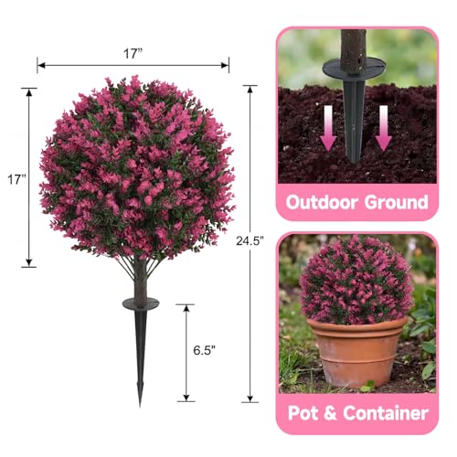 Artificial Red Eucalyptus Topiary Ball Trees 24", Lush Dense Foliage Fake Plants Pair with Ground Spike, UV Resistant Faux Evergreen Plants for Outdoor Indoor Planters Front Porch - color: Rose