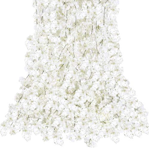 Sggvecsy Cherry Blossom Garland Artificial Cherry Flower Vines 6 Pack Hanging Silk Flowers Garland for Home Wedding Garden Party Arch Office Decor (White) - color: White, size: 6pcs