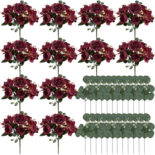 Peony Artificial Flowers, Faux Peonies Hydrangea Eucalyptus Bouquet 12 Packs Silk Vintage Realistic Peony Floral Arrangement for Vase Wedding Centerpiece Table Home Party Decor-Burgundy - color: Burgundy