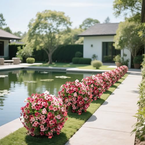 momoplant Artificial Boxwood Topiary Ball Tree with Mum Flowers 24” Tall Faux Plant with Ground Spikes Set of 2 Fake Flower Bushs for Farmhouse Porch Home Garden Decor - size: 2 Pcs with Spike（Red&Pink）