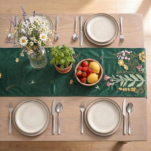 Artoid Mode Green Soft Chain Embroidery Wild Floral Christmas Table Runner, Seasonal Spring Kitchen Dining Table Decoration for Home Party Decor 13x72 Inch - color: Green, size: 13" x 72", Table Runner