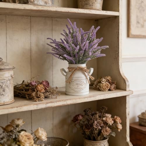 FJAKA 2Pcs Artificial Lavender Flowers in Pots with Vase, Fake Faux Lavender Flowers Decor, for Farmhouse Table Centerpiece Windowsill Country Indoor Mantle Decor