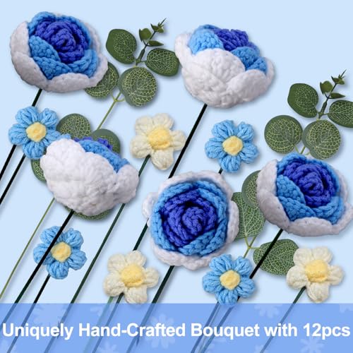 Foyucool Crochet Flower Bouquet, Blue Handmade Knitted Flowers with Gift Bag, Blue Roses Daisies for Mother's Day Anniversary Birthday Graduation Valentine's Day - color: Blue White
